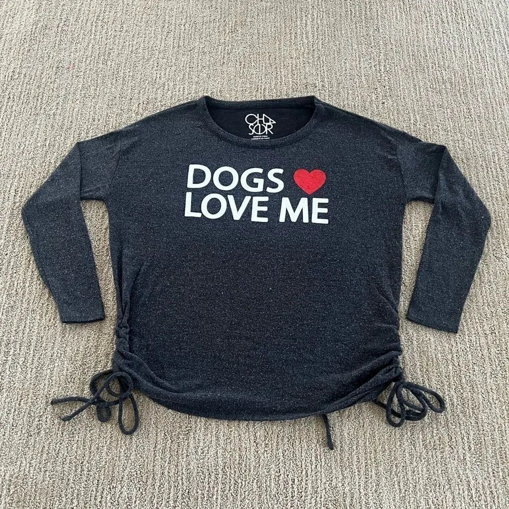 Chaser Grey "Dogs Love Me" Crewneck Sweatshirt with Ties on the Sides